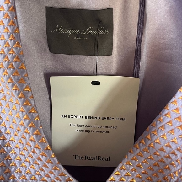 Monique Lhuillier Metallic Brocade V-Neck Fit & Flare Dress Lilac Gold Size 10 - Picture 7 of 9